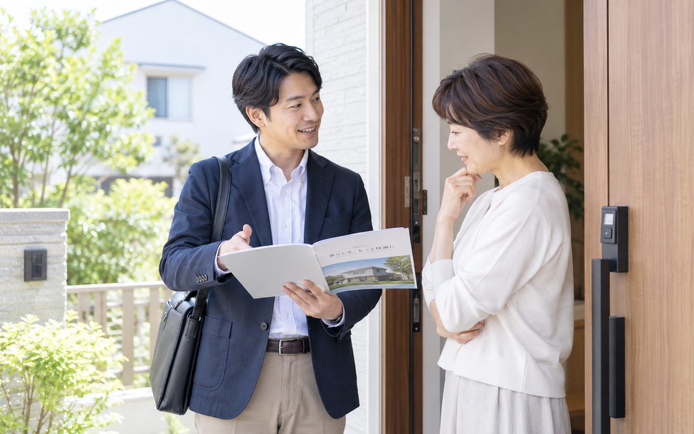 訪問したスタッフがパンフレットを示しながらお客様にご案内している様子